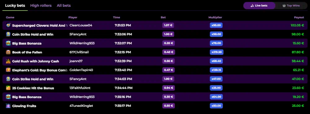 Tabla de ganadores en vivo de Spinmama y display de apuestas recientes afortunadas